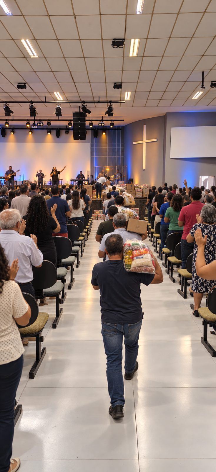 Membro levando uma cesta até o altar durante o culto
