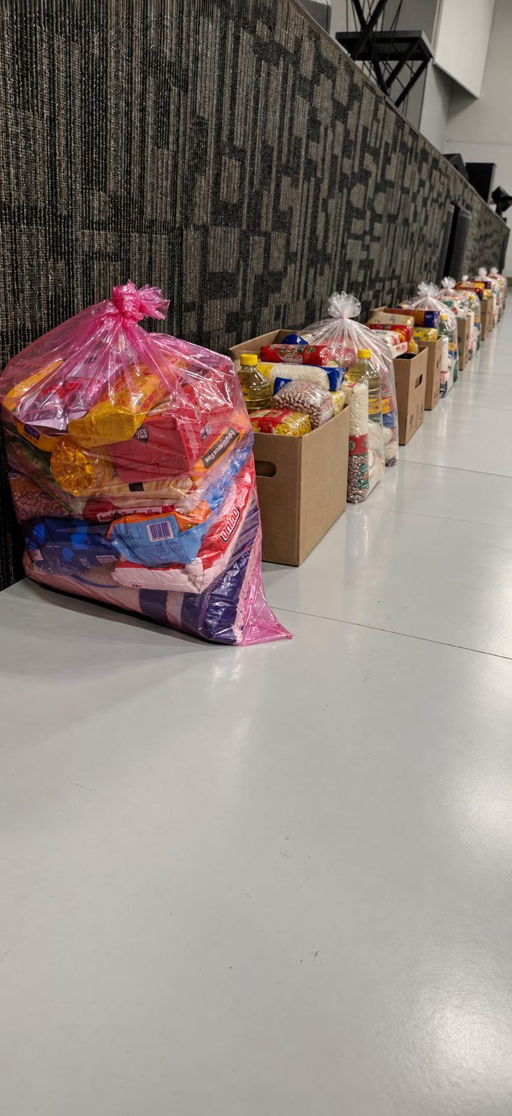 Sacola rosa e caixas de alimentos enfileiradas